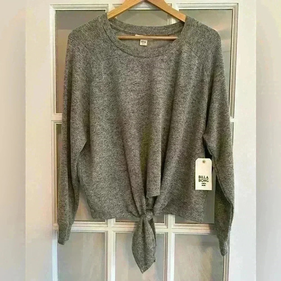 NWT Billabong Women’s Cropped Gray Crew Neck Sweatshirt Tie Front Soft Size S - Picture 1 of 5
